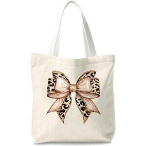 Reusable Canvas Shoulder Bag with Leopard Bow Graphic Design